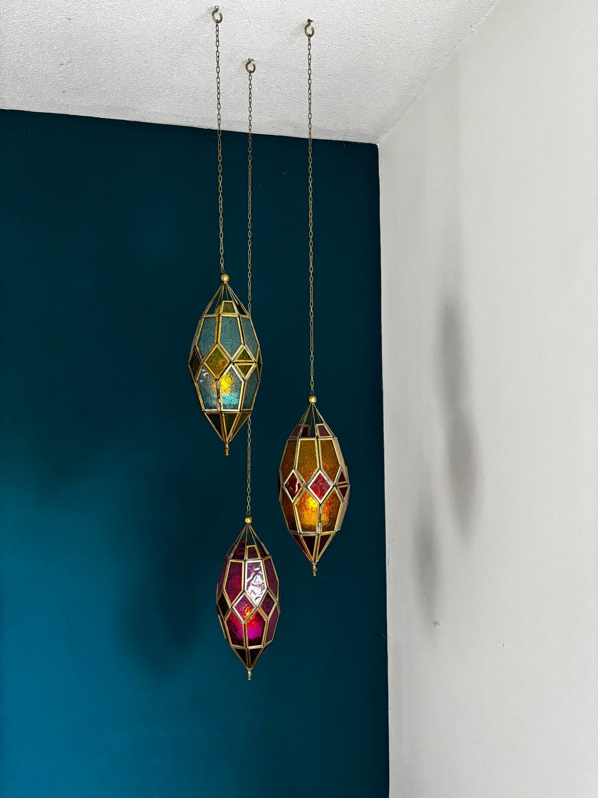 Set van 3 Marokkaanse hanglampen - Oosters glas en metaal, Huis en Inrichting, Ophalen, Zo goed als nieuw, Glas