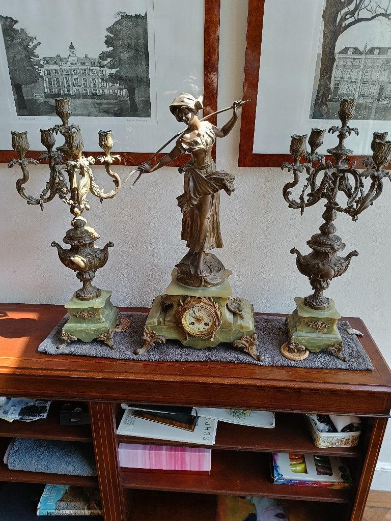 Antiek Vintage 3-delig Klokkenstel Art Nouveau Belle Époque, Ophalen of Verzenden, Koper of Brons