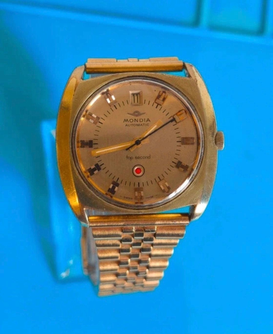 Vintage Mondia Top Second Automatic 1970s Rare Flashing Dot, Overige merken, Polshorloge, Ophalen of Verzenden, Leer