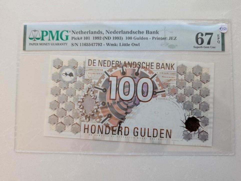 100 gulden 1992 Steenuil UNC PMG67EPQ, Ophalen of Verzenden, 100 gulden, Los biljet