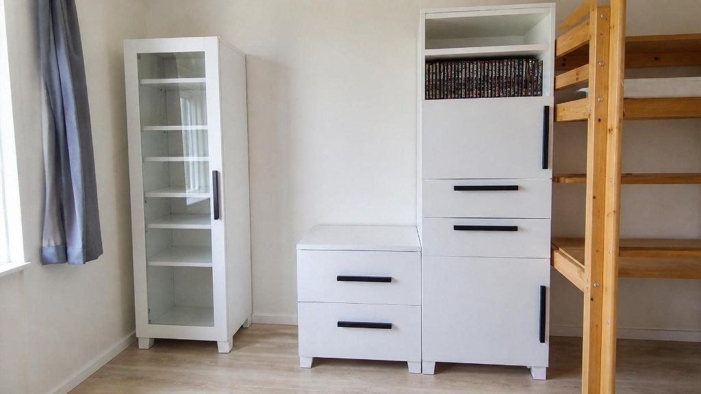 Tienerkamer kasten set - vitrine & opbergkasten samen €50, Ophalen, Gebruikt, Eenpersoons, Scandinavisch (IKEA Platsa) wit-zwart