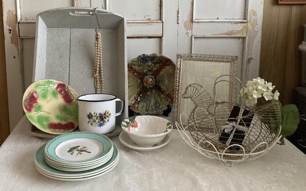 Brocante dienblad - borden - sierborden - eiermandje - mok, Ophalen of Verzenden
