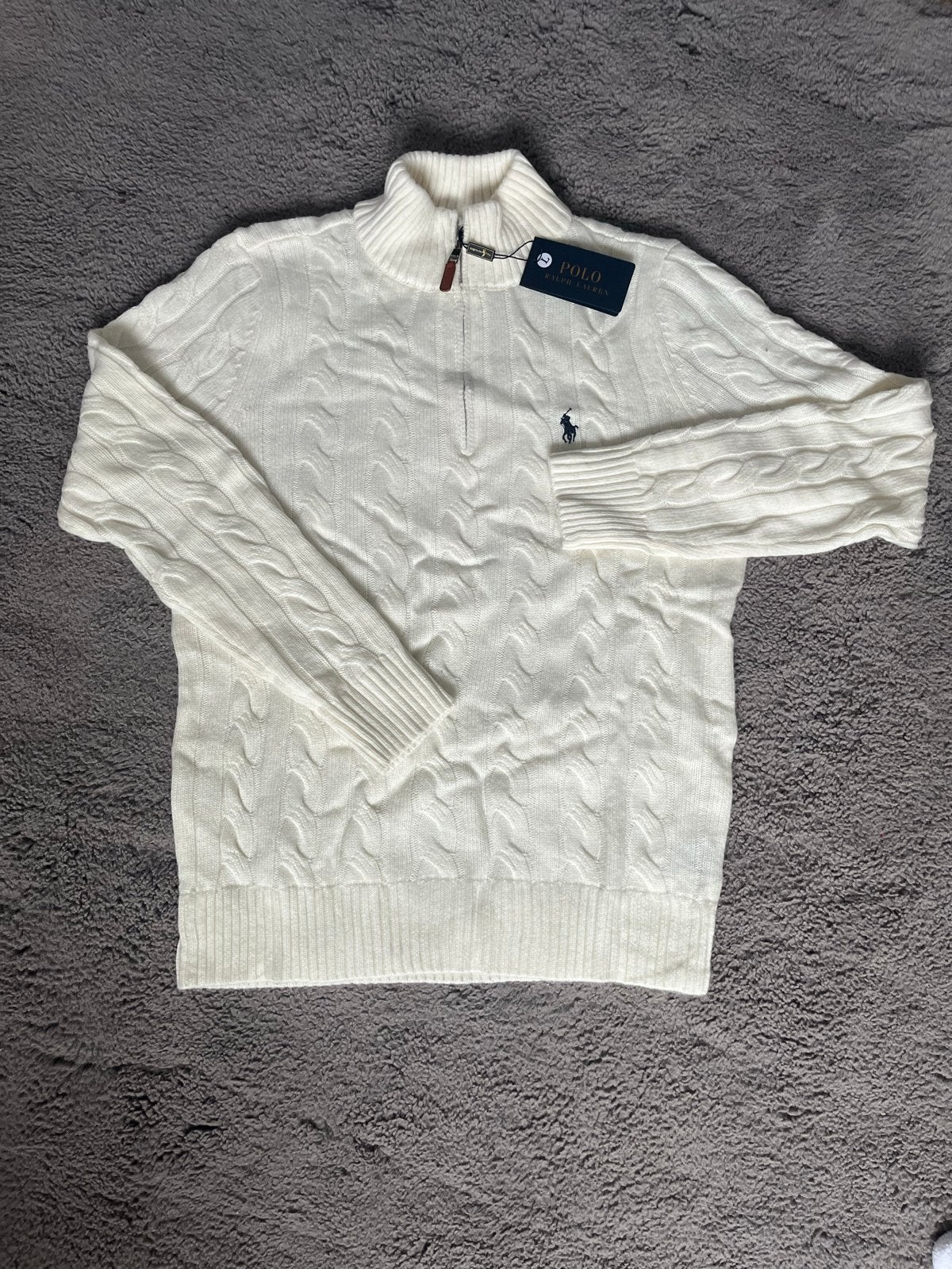 Ralph Lauren Quarter Zip Kabelgebreide Trui, Ophalen of Verzenden, Nieuw, Maat 52/54 (L), Wit