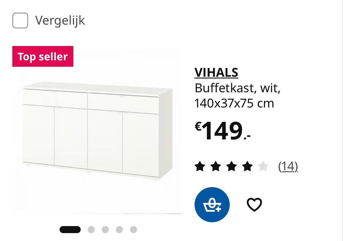 Buffetkast - dressoir - vihals ikea 140x37x75 - Wit, Ophalen, Overige materialen, 100 tot 150 cm, Met lade(s)