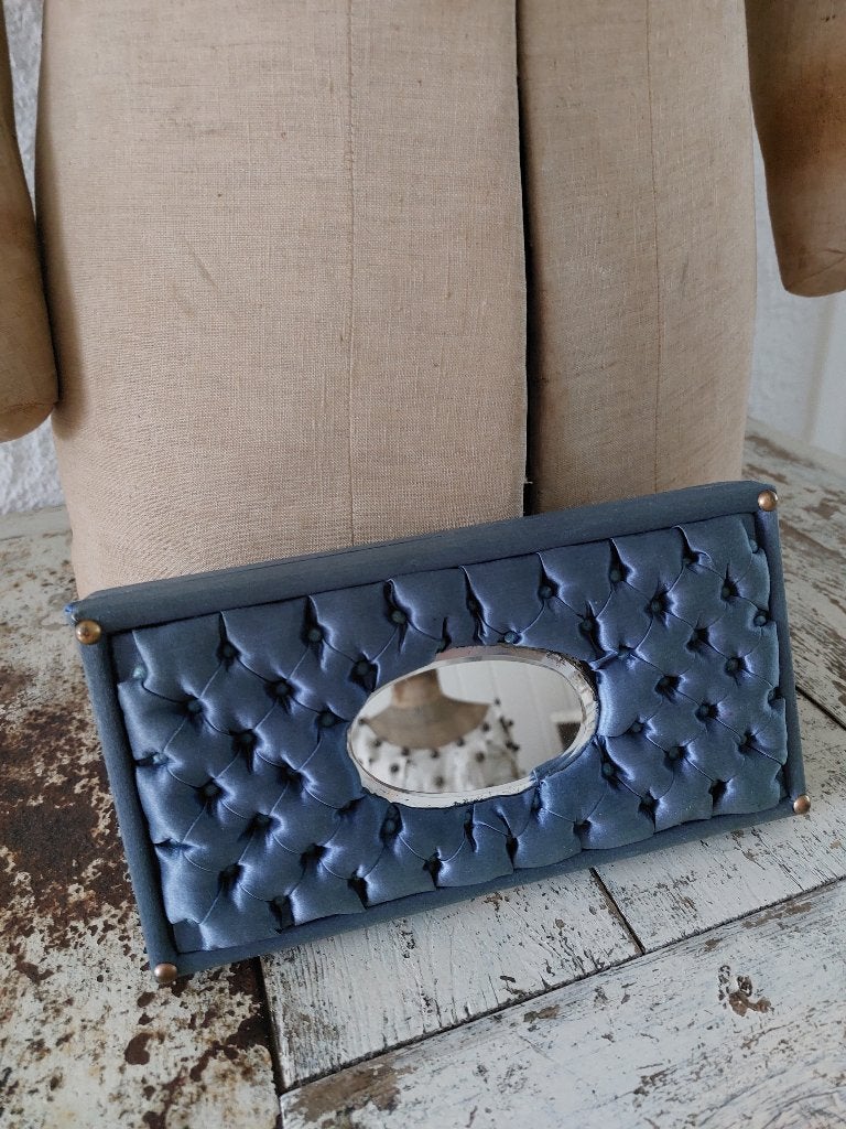 Antiek oud zijde zijden blauw doos doosje spiegel, Ophalen of Verzenden