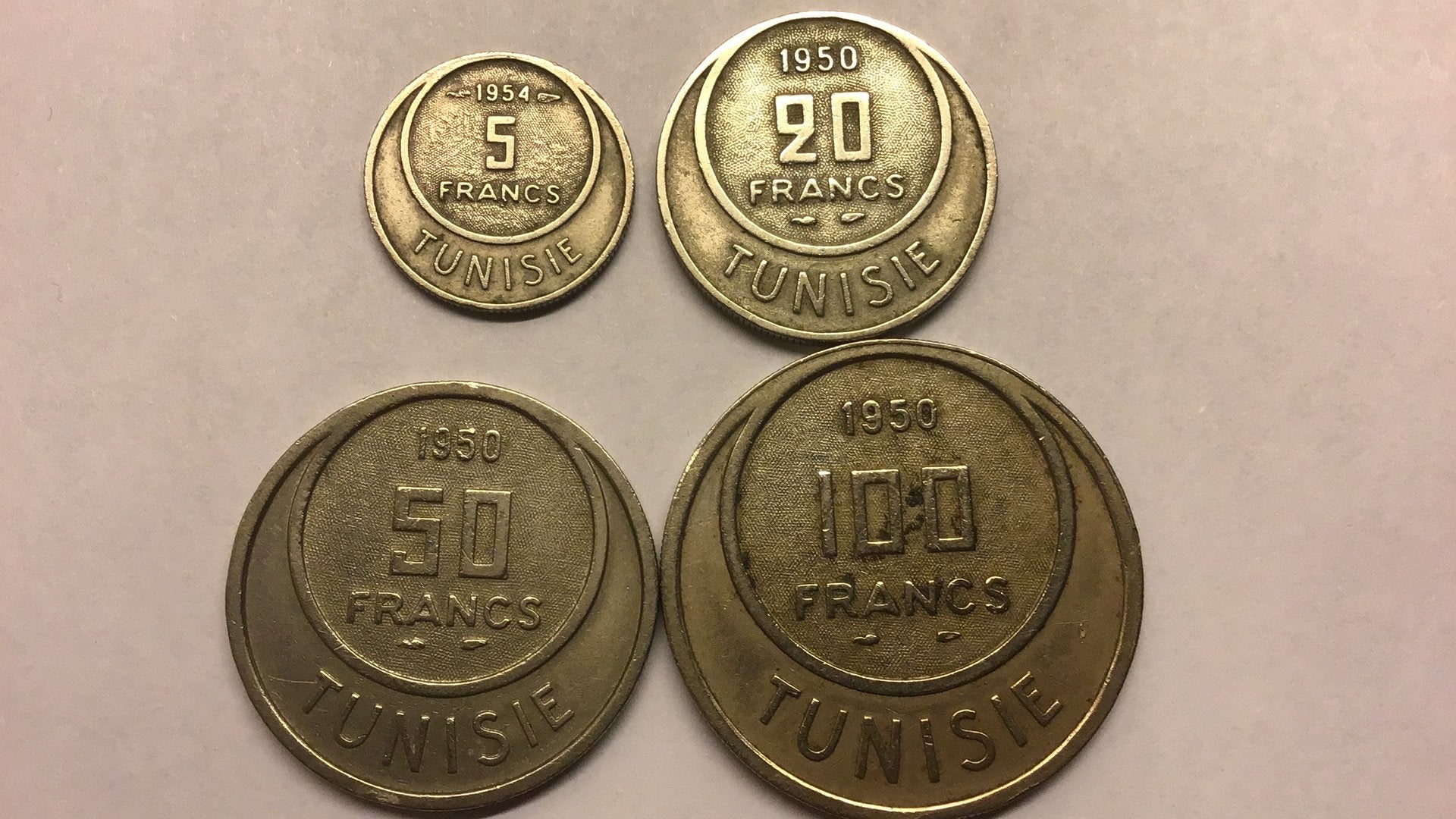 Frans Tunesie 5, 20,50 en 100 francs 1954 en 1950., Ophalen of Verzenden, Overige landen