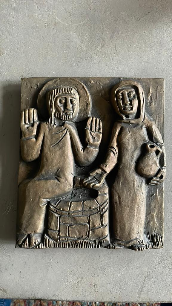 Bronzen reliëf: Jezus en de Samaritaanse vrouw, Antiek en Kunst, Ophalen of Verzenden