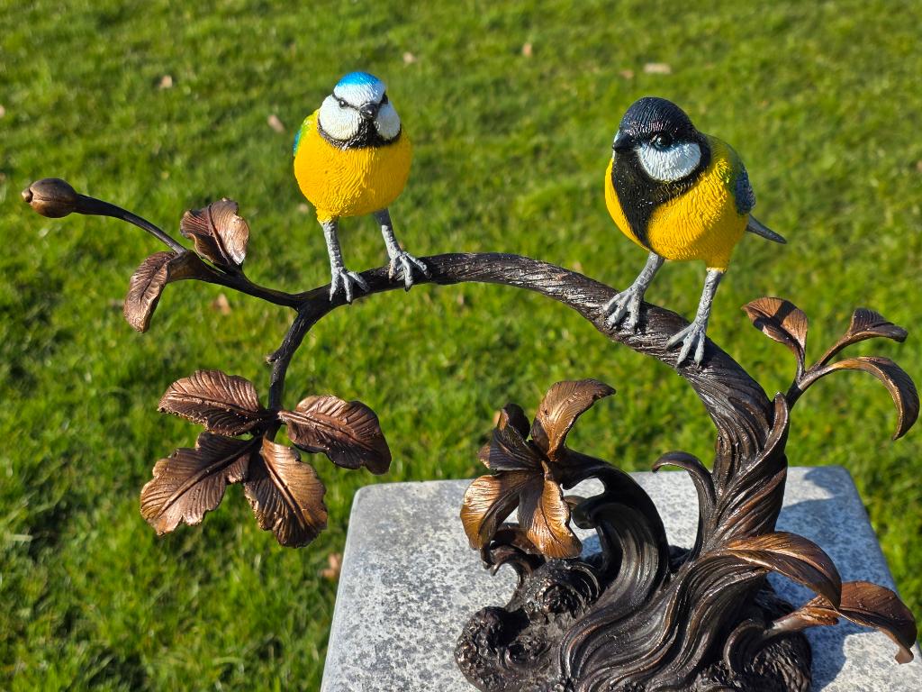TAK MET PIMPELMEES EN KOOLMEES / Bronzen beeld, Ophalen of Verzenden, Nieuw, Vogel, Beeldje of Figuurtje