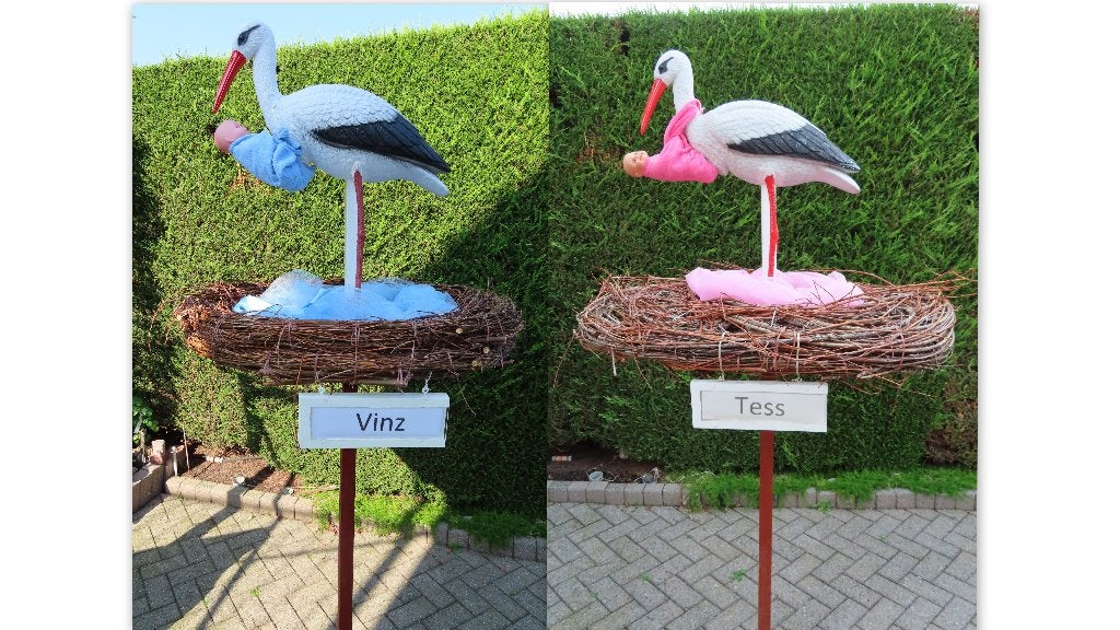 3d Ooievaar + baby pop met blauwe of roze doek om de hals., Ophalen, Nieuw, Geboortebord