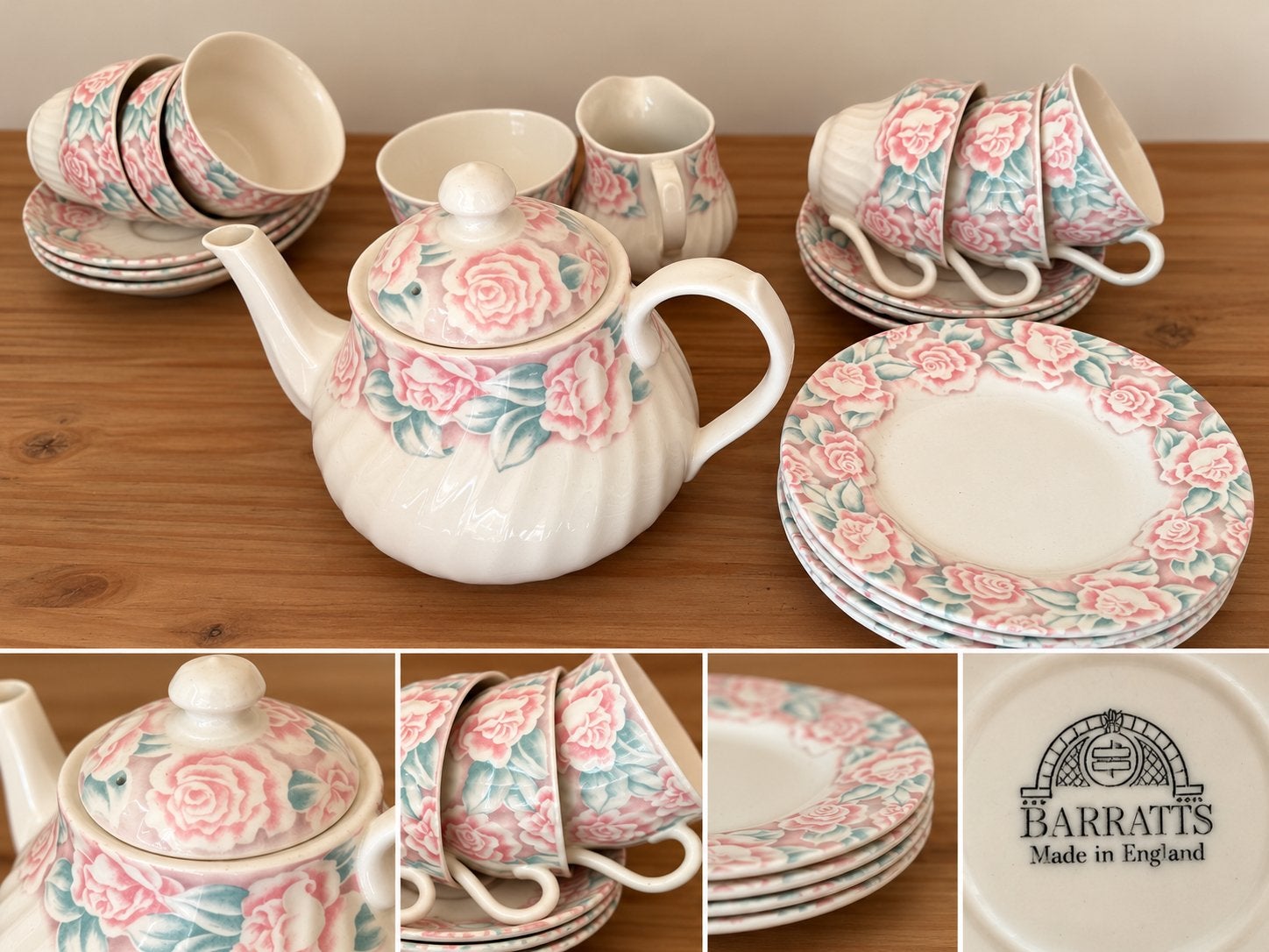 Sfeervol Barratts theeservies met roze rozen, Gebruikt, Ophalen of Verzenden, Compleet servies, Klassiek