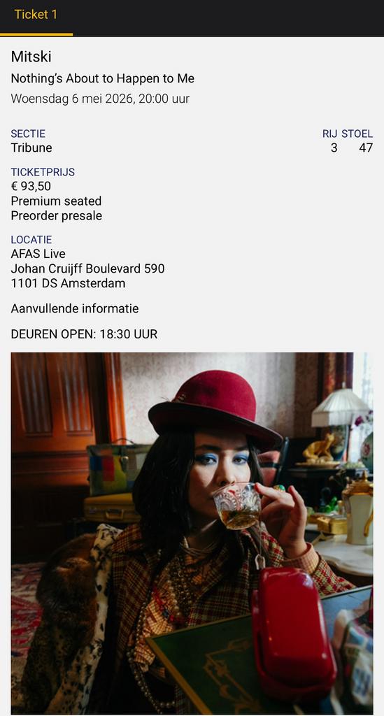 Mitski premium zitplek (tribune) 6 mei, Eén persoon, Ticket of Toegangskaart