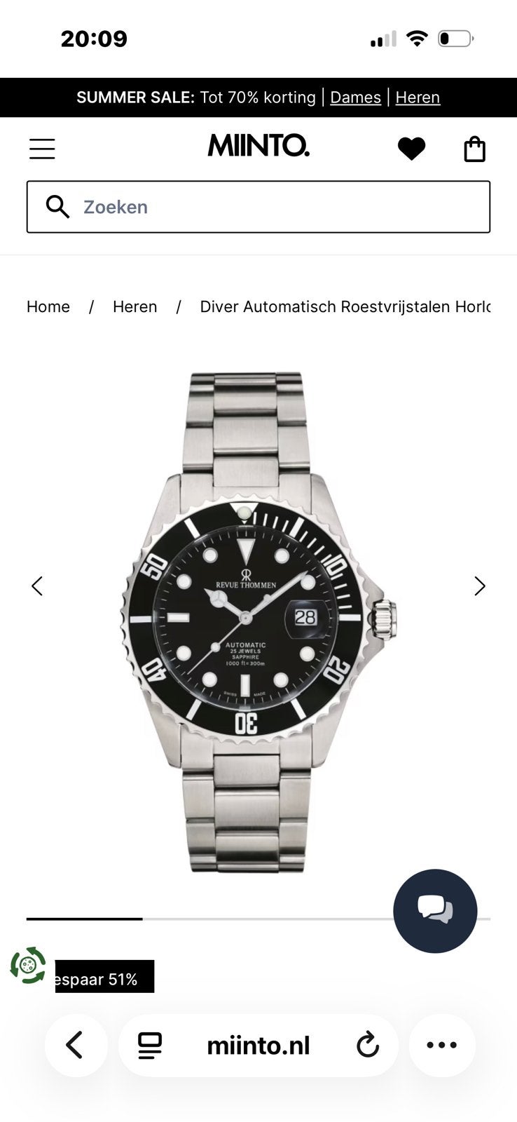 Te koop Horloge, diver 300m, Ophalen, Zo goed als nieuw, Staal, Overige merken