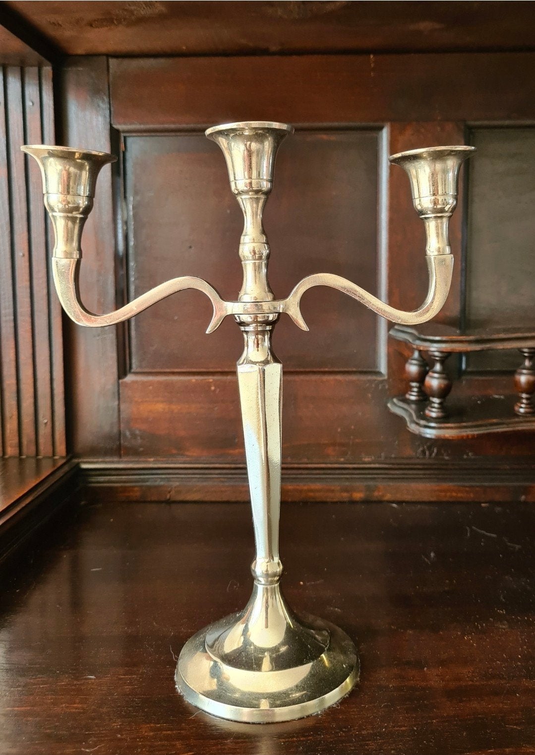 Zilverkleurige kandelaar, 3-arms., Ophalen of Verzenden, Zo goed als nieuw, Metaal, 27 cm