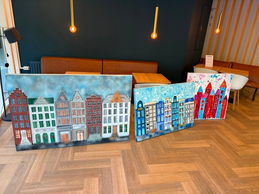 schilderijen / moderne stadsgezichten /  acryl op doek, Acrylverf, Ophalen of Verzenden, Ophangklaar, Stadsgezicht