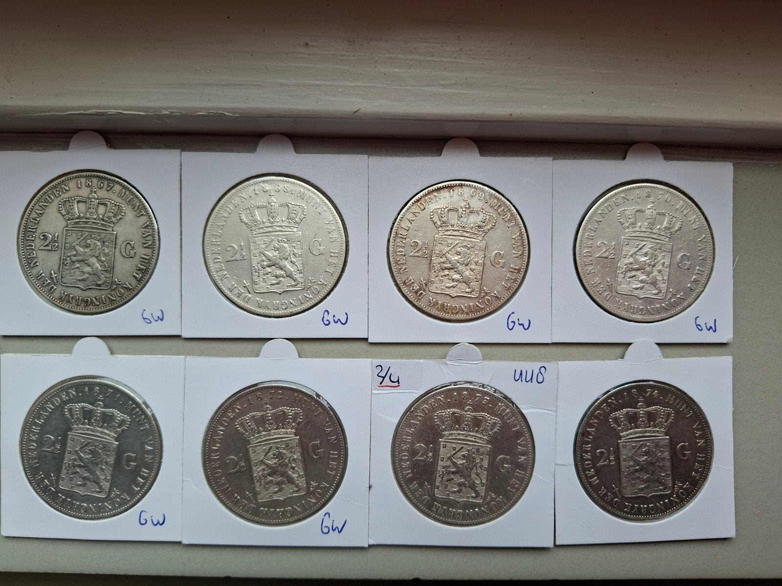Rijksdaalder 1867 1868 1869 1870 1871 1872 1873 1874 2½ guld, Postzegels en Munten, Koning Willem III, Setje, Zilver, Ophalen of Verzenden