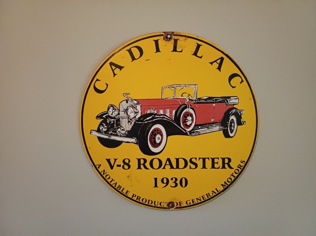 Emaille reclamebord CADILLAC V8 Roadster 1930, Verzenden, Gebruikt, Reclamebord
