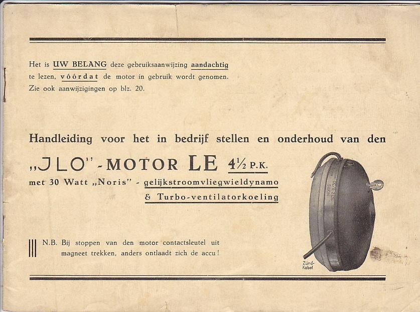 1939 Handleiding JLO motor LE 4 1/2 pk turbo koeling, Motoren, Verzenden, Overige merken