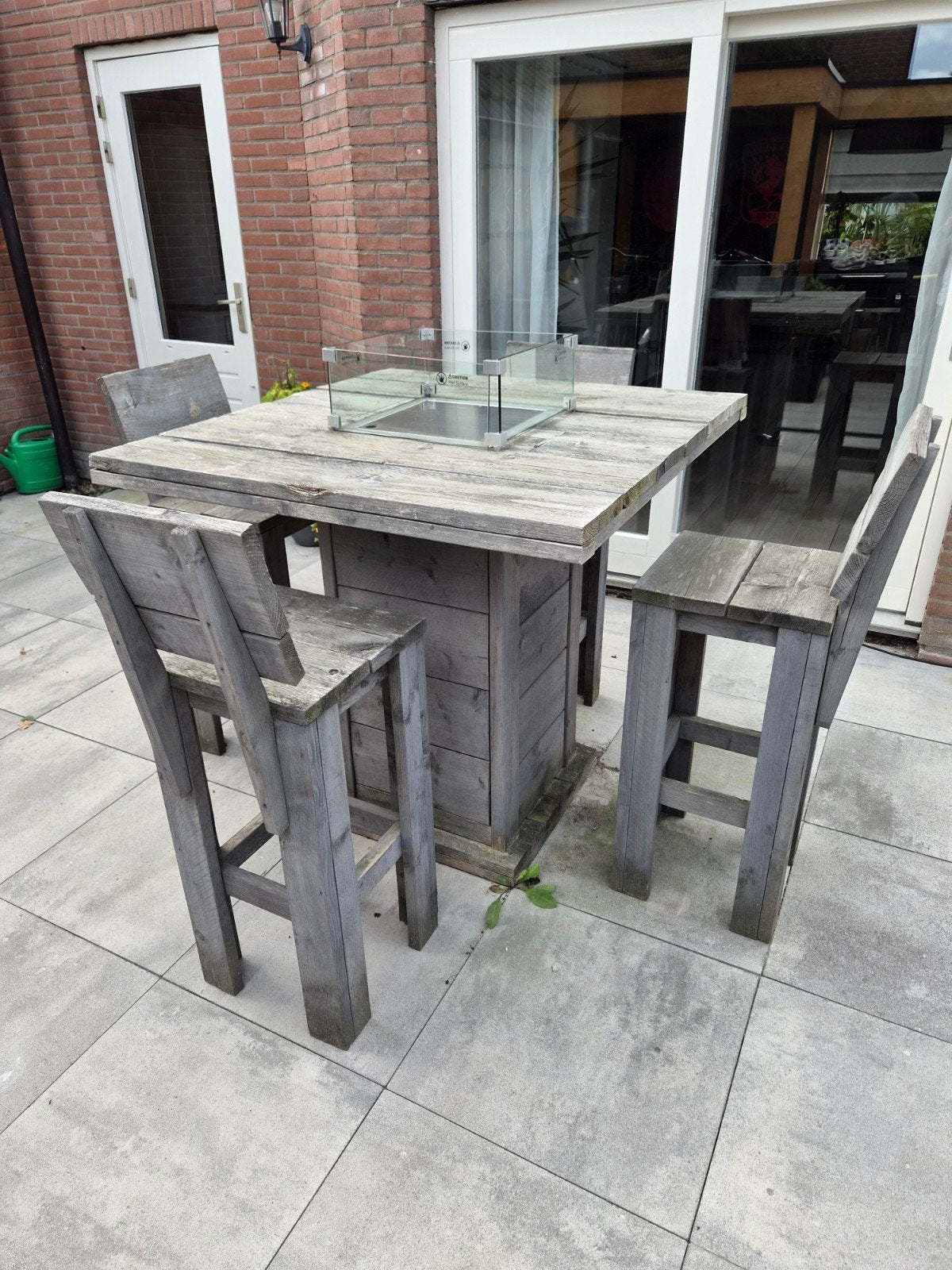 statafel met brander met 4 bar krukken - Steigerhout, Tuin en Terras, Ophalen, 4 zitplaatsen, Gebruikt, Steigerhout