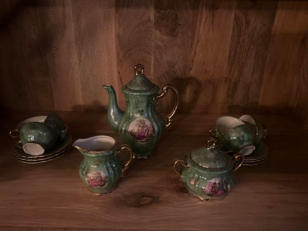 Groen vintage Mocca serviesje, Antiek en Kunst, Ophalen