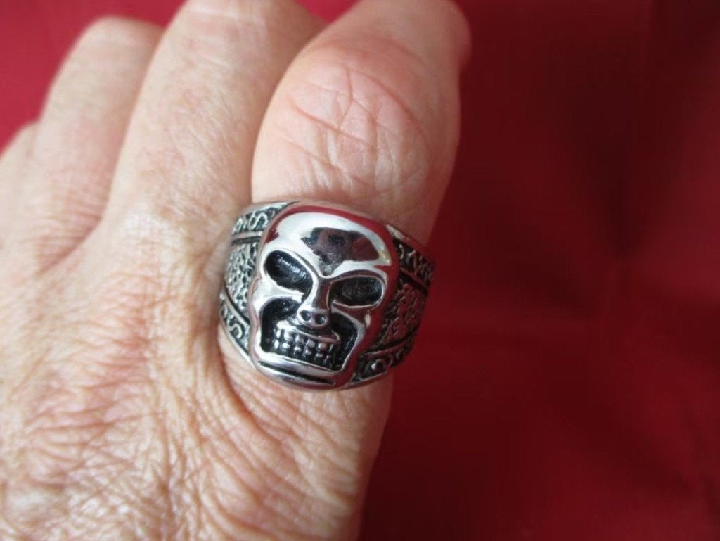 Skull Biker ring, 20 of groter, Heer, Nieuw, Zilver