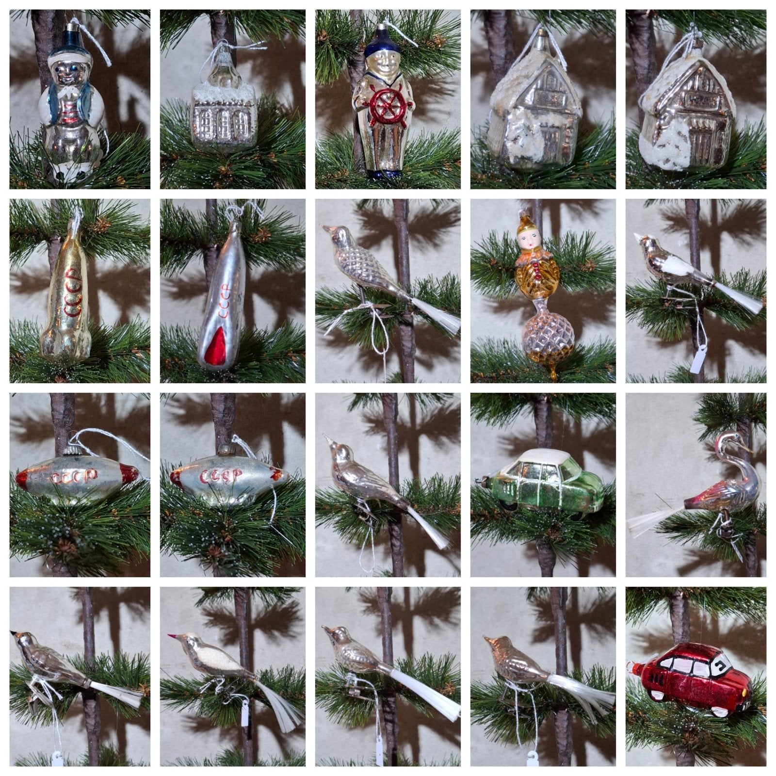 oude antiek vintage kerstbal auto huisje vogel pierrot, Gebruikt, T, Ophalen of Verzenden, N