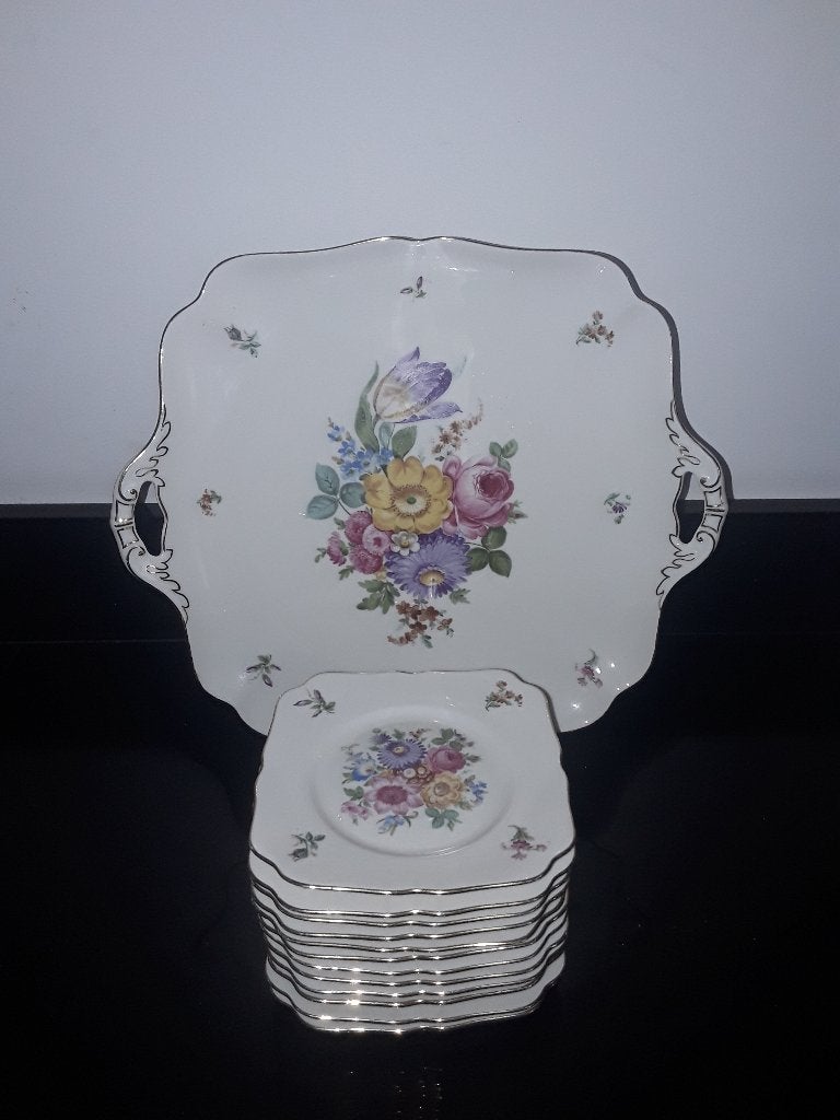 Hutschenreuther vierkant gebakstel met kleurrijke bloemen, Antiek en Kunst, Verzenden