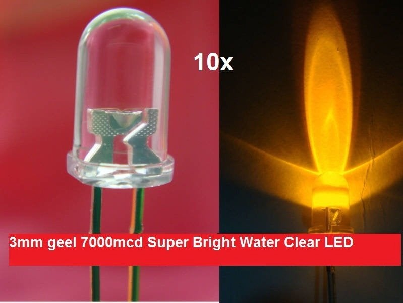 LED 10 x 3mm geel 7000mcd Bright Water Clear+wstan(240), Hobby en Vrije tijd, Modeltreinen | N-Spoor, Overige merken, Gelijkstroom of Wisselstroom