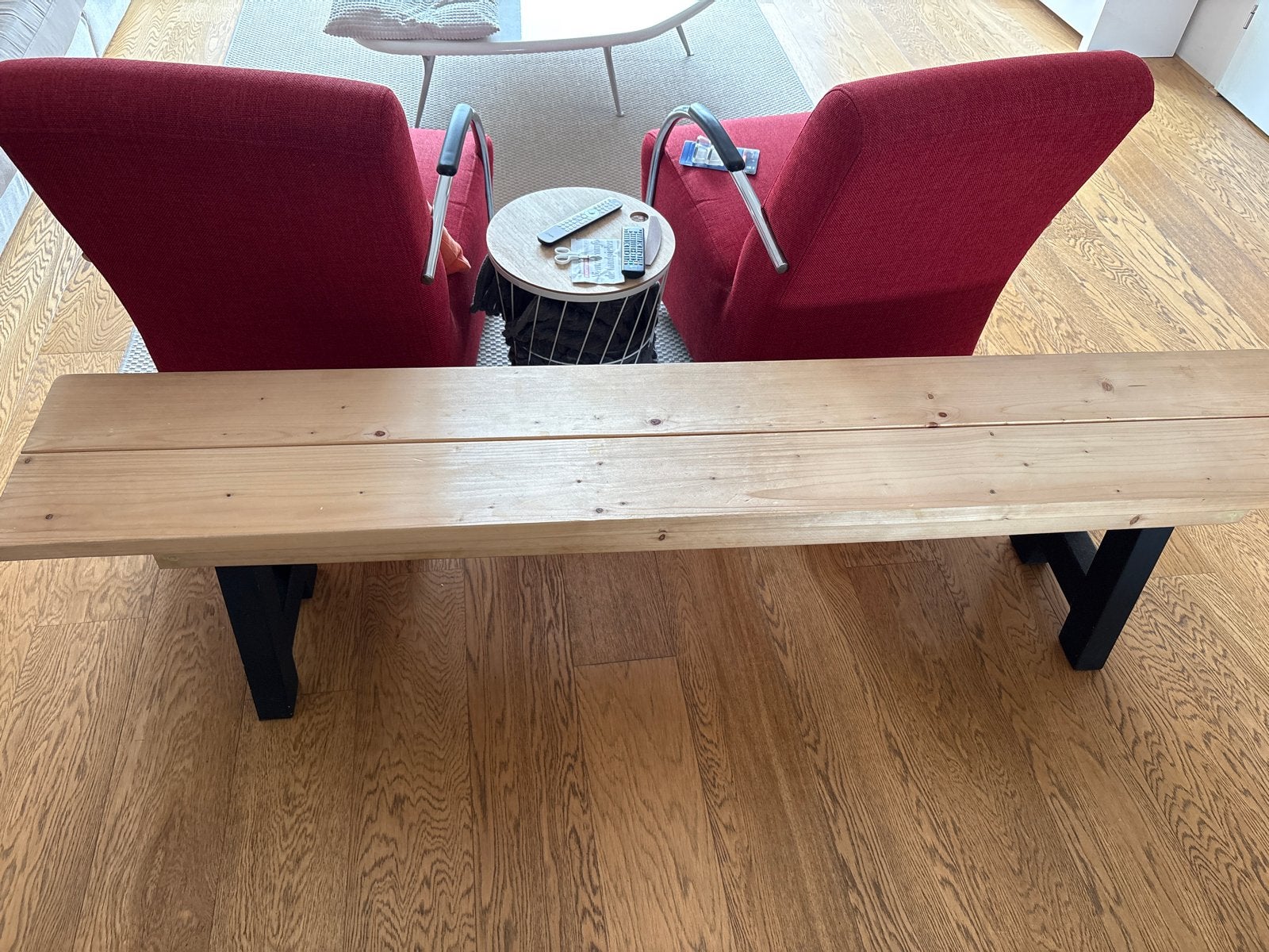 Houten bankje met zwarte metalen poten, Ophalen, Gebruikt, Overige kleuren, Eén