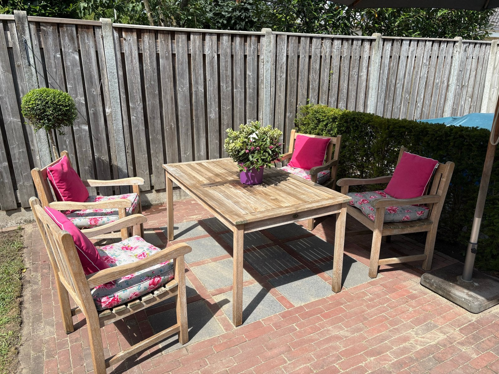 Queen's Teak tuinset: tafel en 4 stoelen, Tuin en Terras, Ophalen, Gebruikt, Rechthoekig, Teakhout