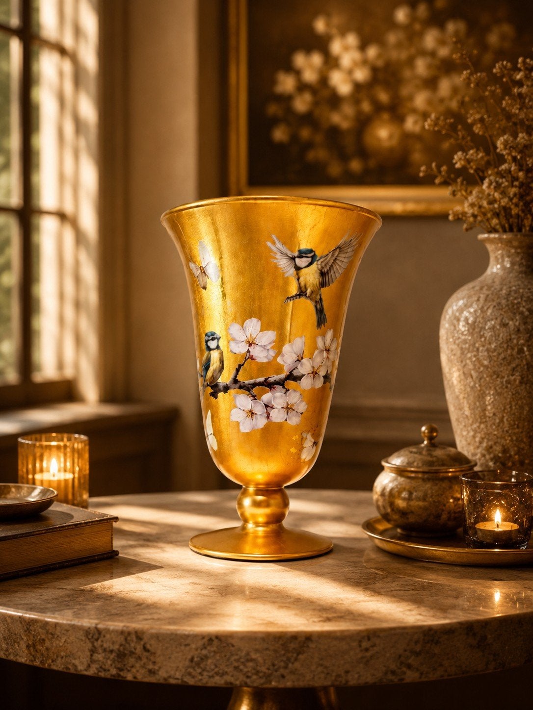 Gouden Vaas met Vogels en Bloesem - 30 cm hoog, Huis en Inrichting, Woonaccessoires | Vazen, Ophalen, Meerkleurig