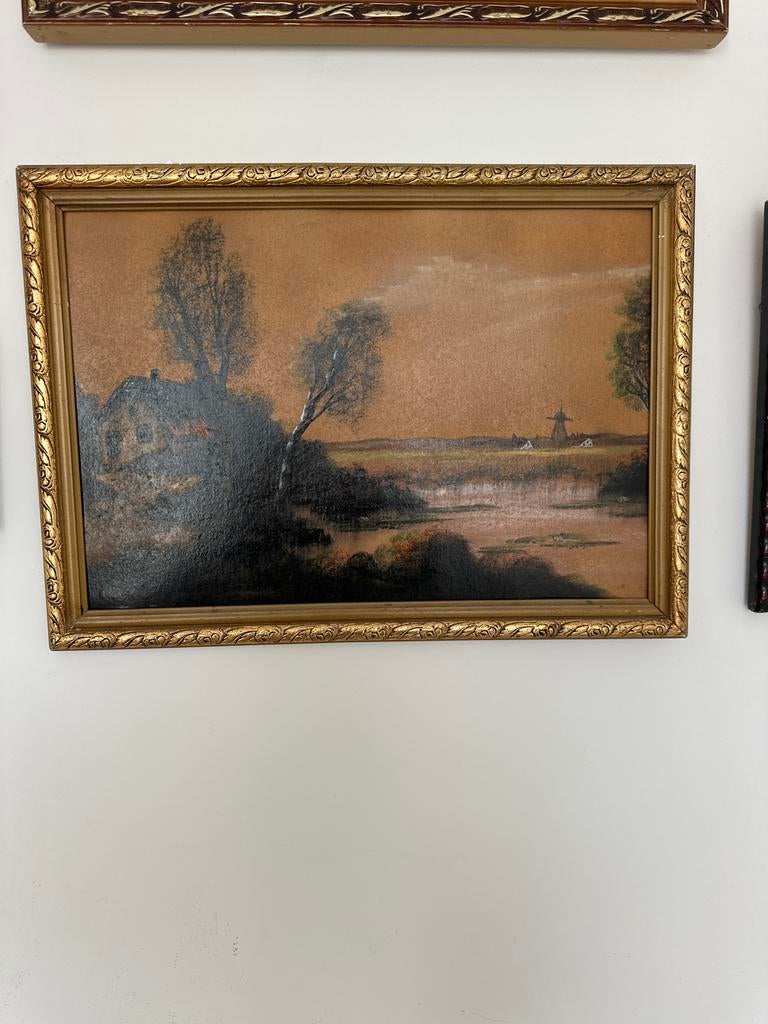 Oud Hollands Landschap Schilderij met Molen en Boerderij, Ophalen of Verzenden