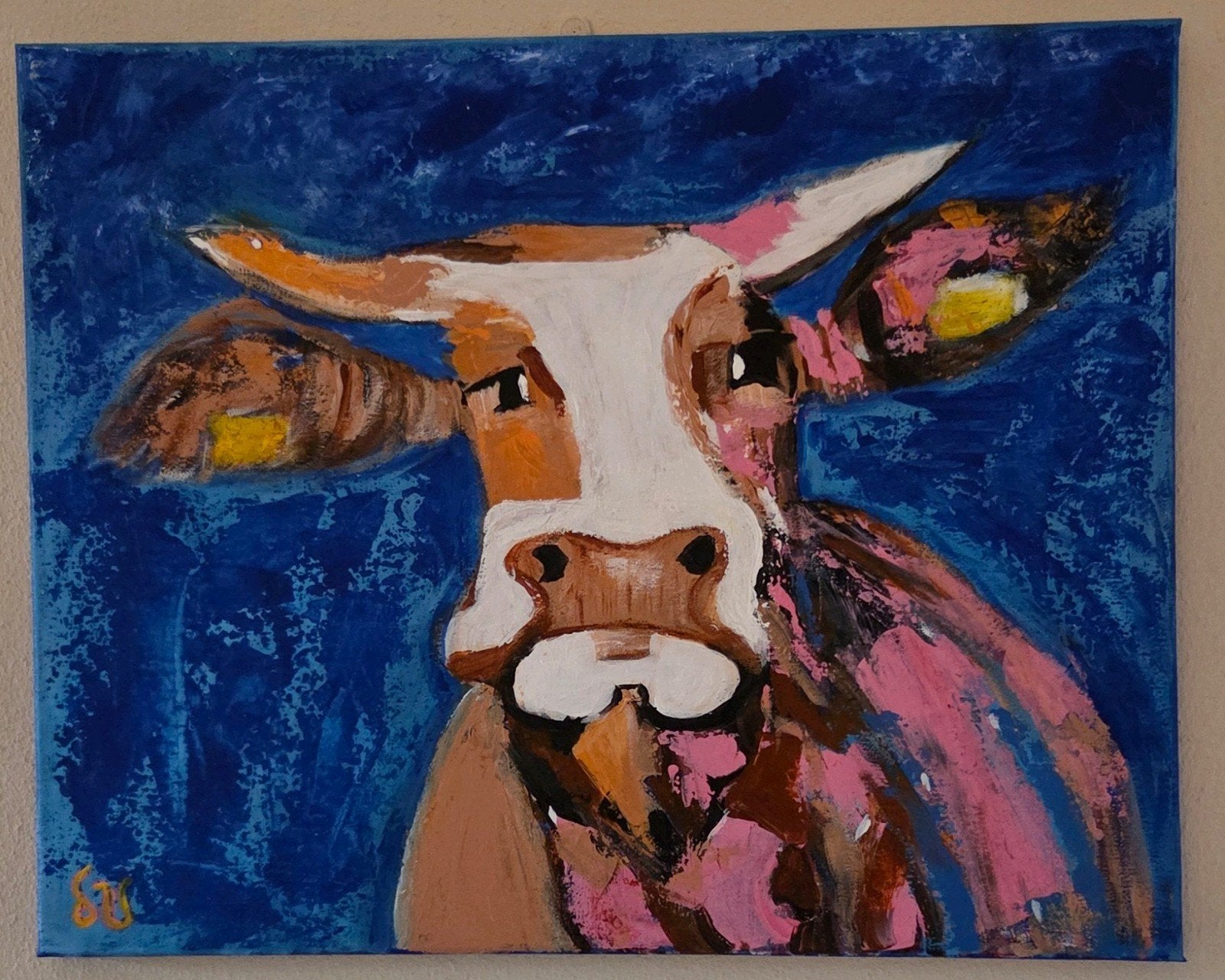 Uniek kunstwerk: Levendige koe, acrylverf, 50x40 cm, Ophalen