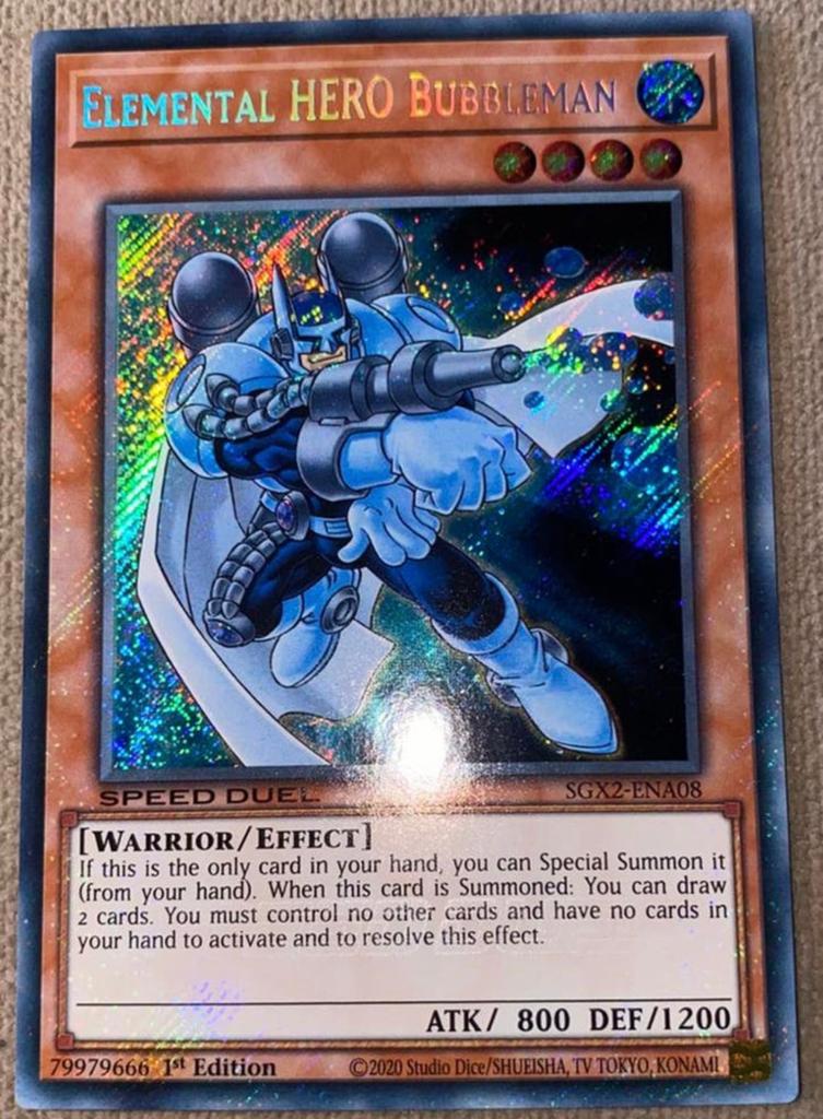Yu-Gi-Oh! Elemental HERO Bubbleman SGX2 1st Ed Foil Bleed !, Ophalen of Verzenden, Zo goed als nieuw, Losse kaart, Foil