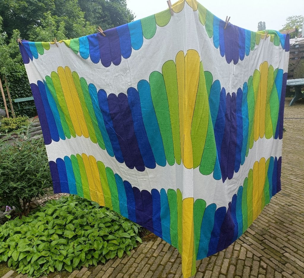 Origineel vintage linnen gordijn blauw geel groen 1.95x2.25, Ophalen of Verzenden, Gebruikt, Groen