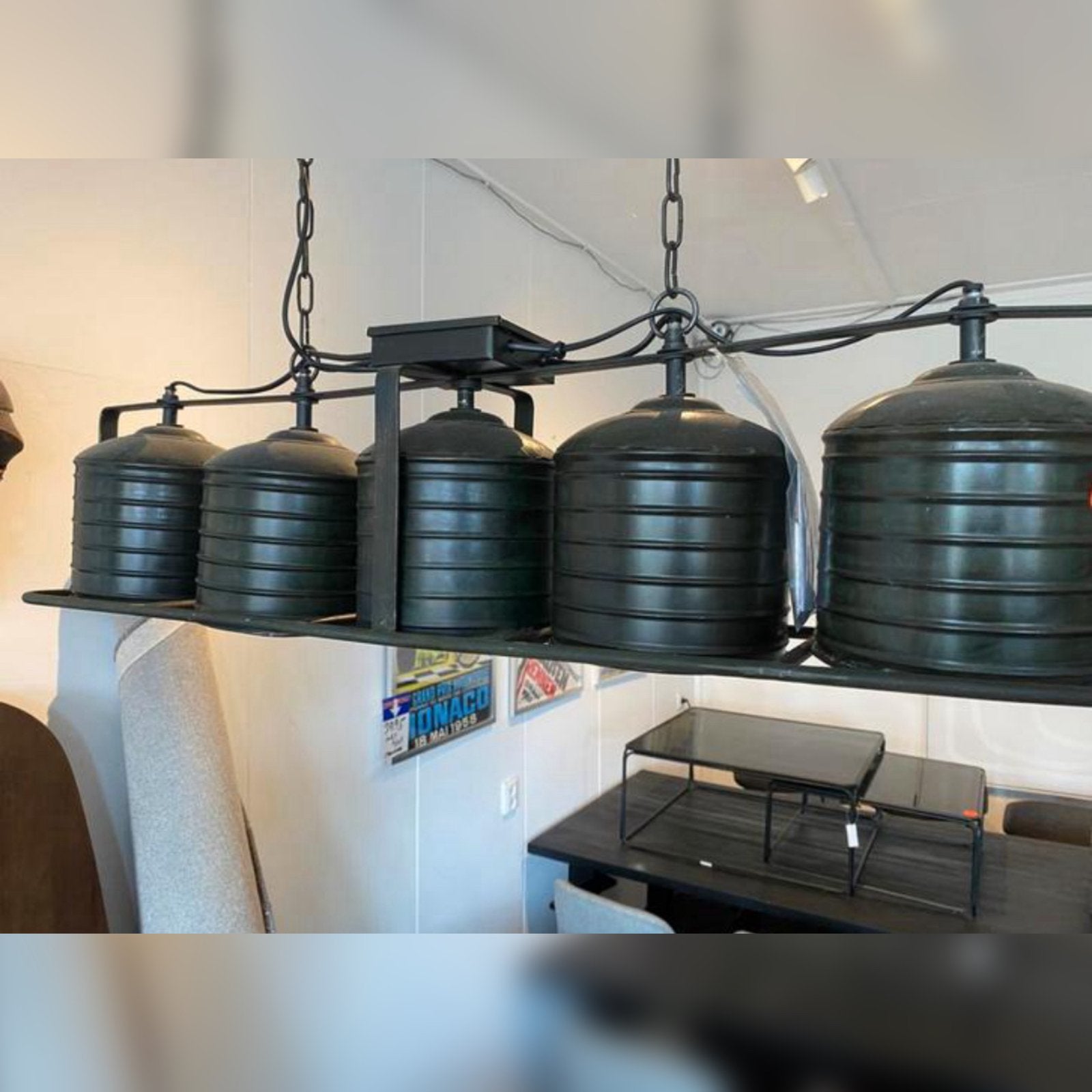 Industriële hanglamp met 5 kappen - Stoer en robuust design, Ophalen of Verzenden, Gebruikt, Metaal