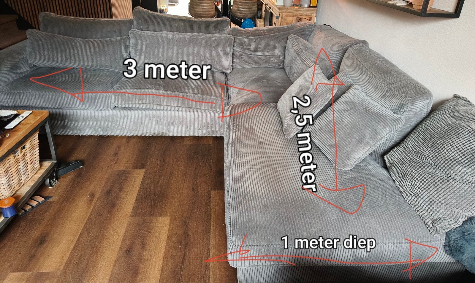 Comfortabele hoekbank, grijs, gebruikt maar in goede staat, Huis en Inrichting, Ophalen, Gebruikt, 100 tot 125 cm, Hoekbank