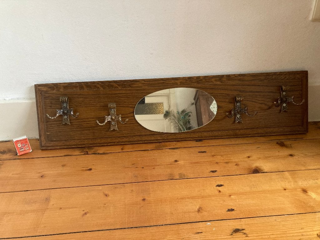 Houten eenvoudig kapstokje plankje met ovaal spiegeltje, Wandkapstok, Gebruikt, Ophalen of Verzenden, 150 tot 200 cm
