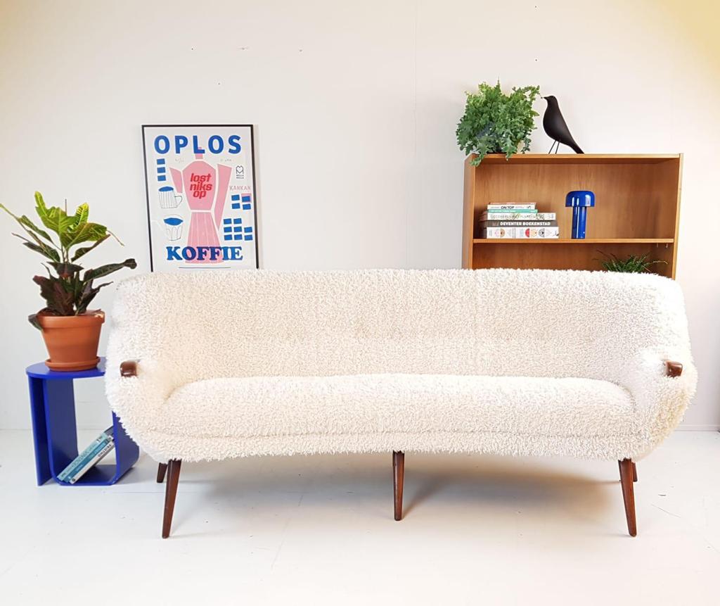 Vintage unieke bank teakhout | half ronde bank creme wit, Ophalen of Verzenden
