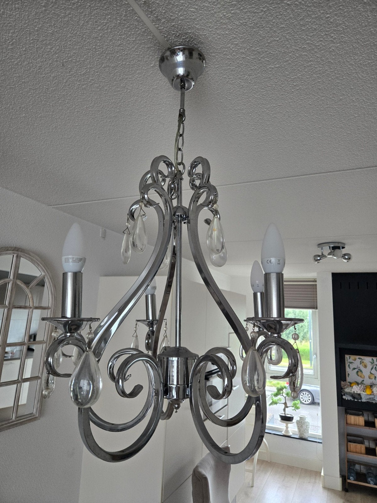 Moderne Kroonluchter met Kristallen - Chroom, Ophalen, Zo goed als nieuw, Glas, Modern, Klassiek, Glamour