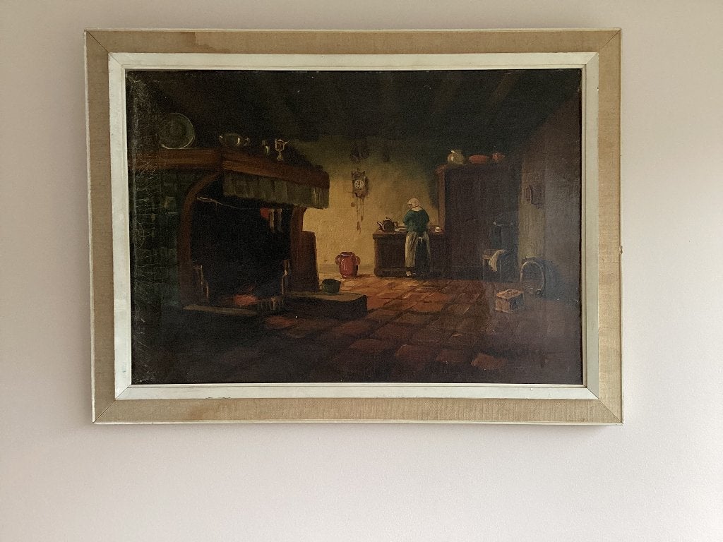 Olieverf op doek Larens Interieur van A. Muller -Anton, Antiek en Kunst, Doek, Ophalen of Verzenden, Olieverf, Overige onderwerpen