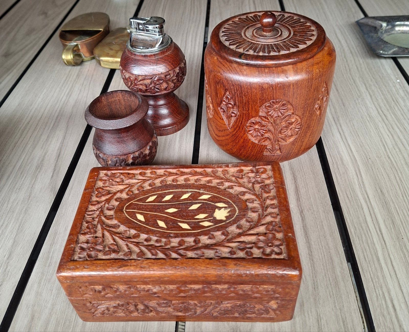 opbergdoosjes hardhout/snijwerk India, Antiek en Kunst, Ophalen