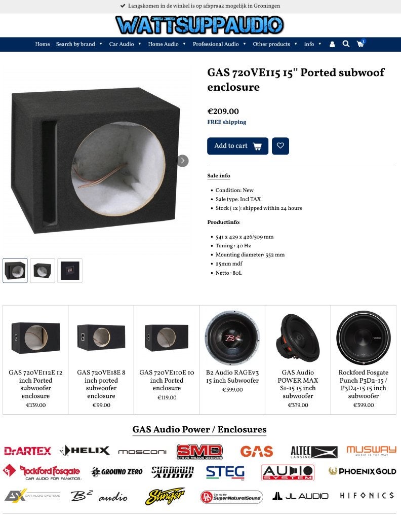GAS 720VE115 Gepoorte 15 inch subwoofer kist, Info@optimount.nl, Nieuw, Ophalen of Verzenden, Anholtseweg 48A 7091 HB DINXPERLO