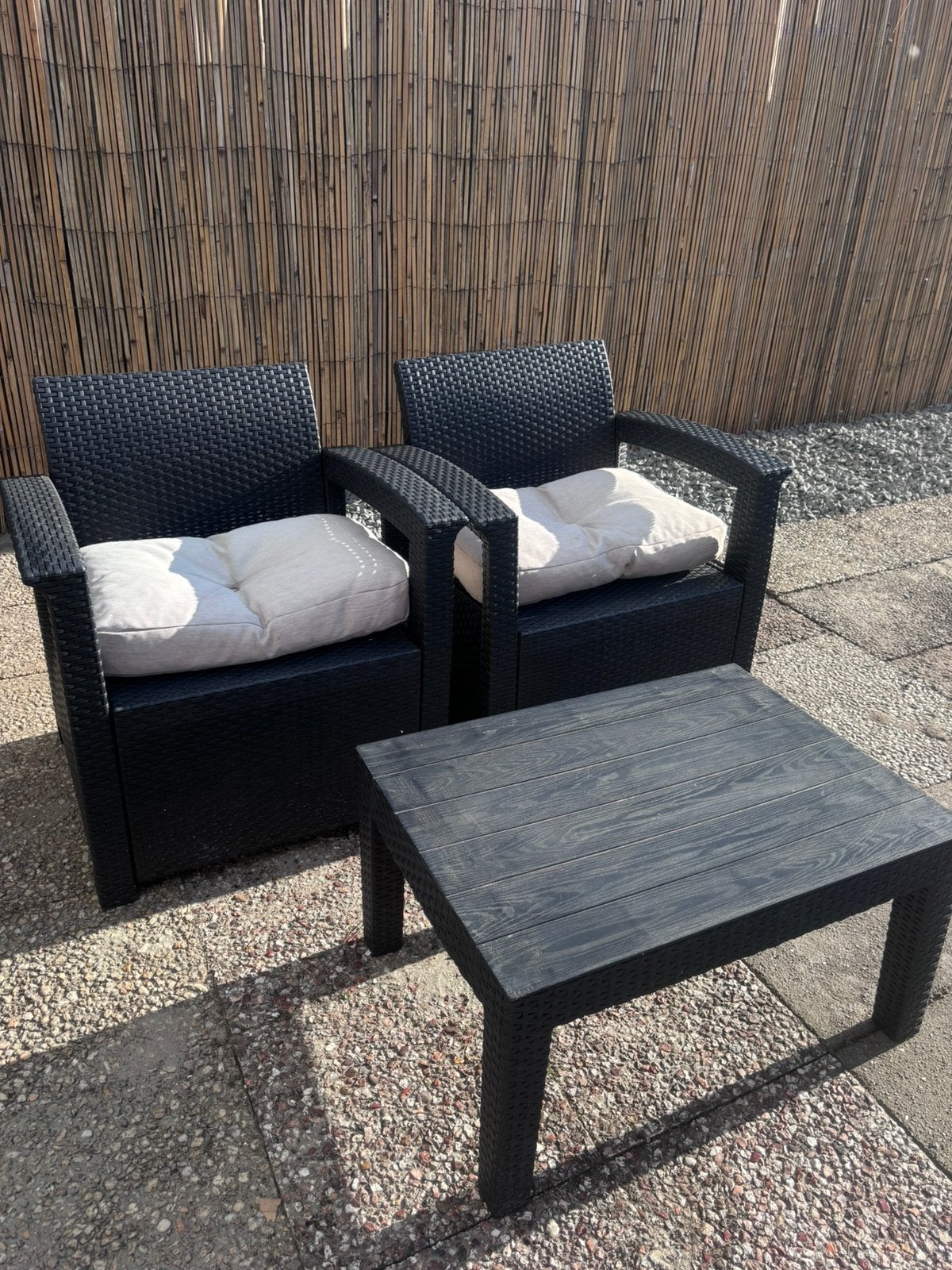Rotan tuinset stoelen en tafel grijs, Tuin en Terras, Ophalen, Zo goed als nieuw, Kunststof, 2 zitplaatsen