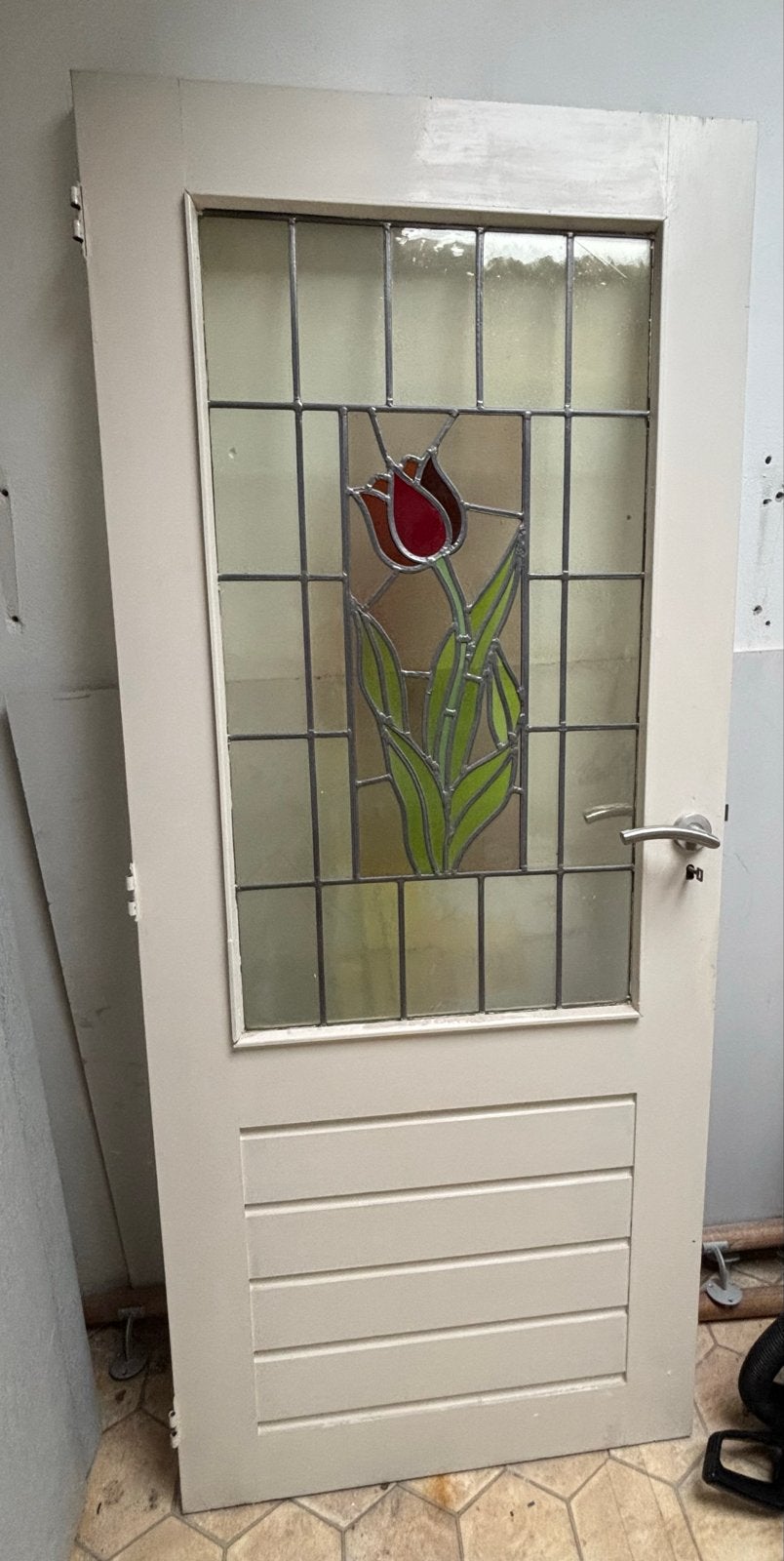 Binnendeur met glas-in-lood tulp motief, Ophalen, Gebruikt, 80 tot 100 cm, Binnendeur