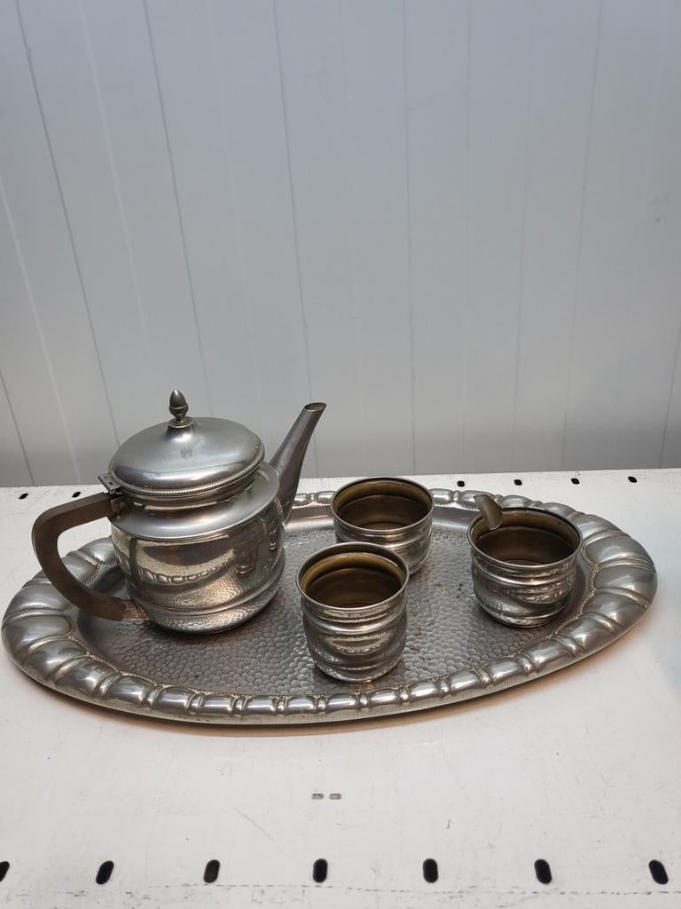 Vintage tinnen theeservies met dienblad, Ophalen of Verzenden