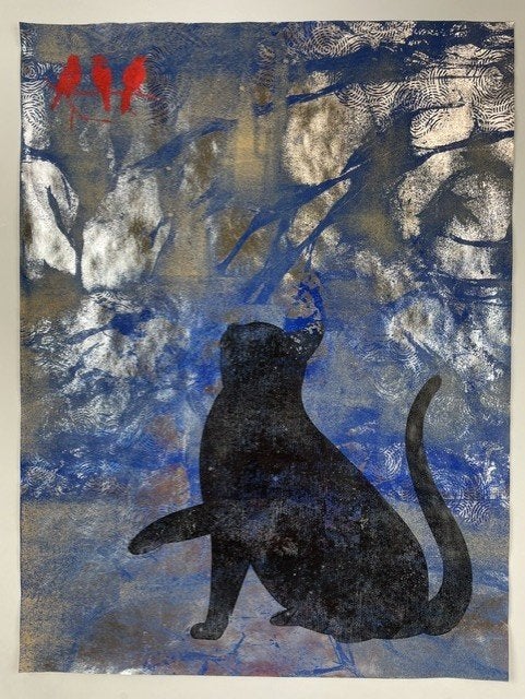 poster kat en vogeltjes houtsnede, Verzamelen, Ophalen of Verzenden, Gebruikt, A1 t/m A3, Dier of Natuur