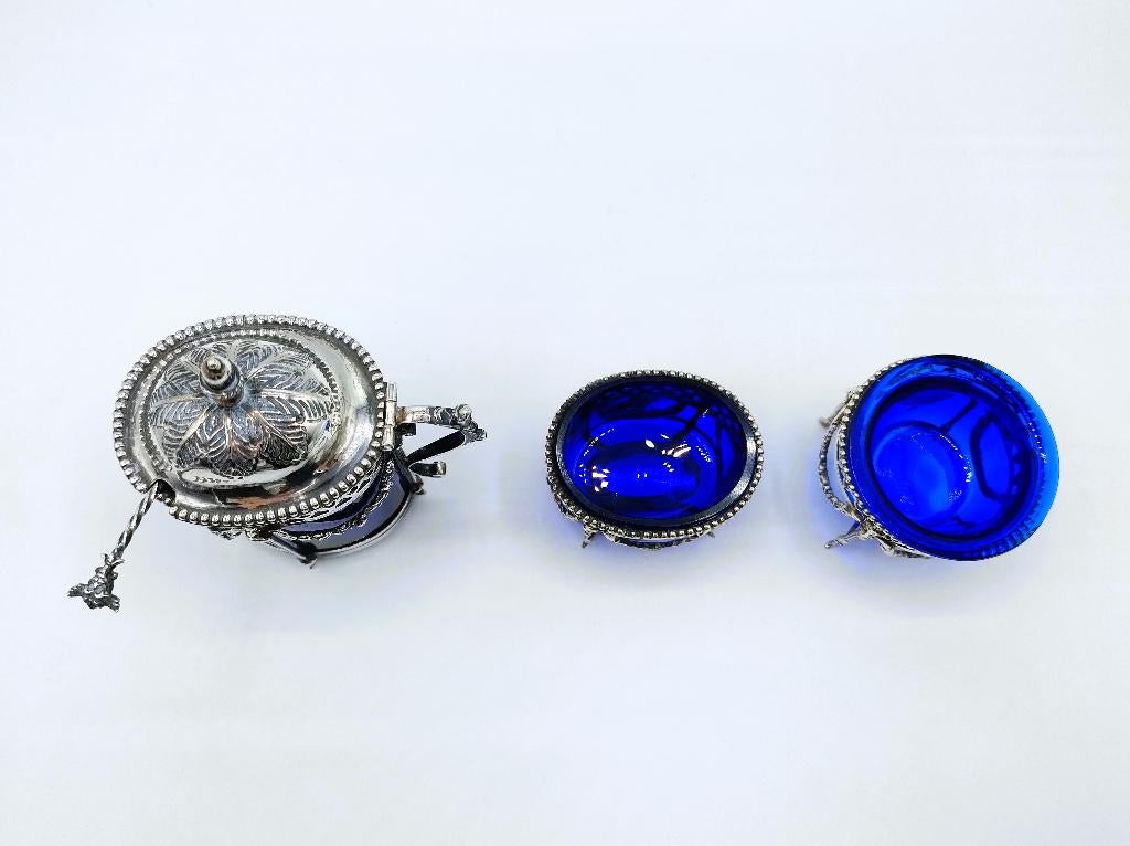 4-Delig zilveren empire tafelset met blauw glas, Nederland, Antiek en Kunst, Verzenden