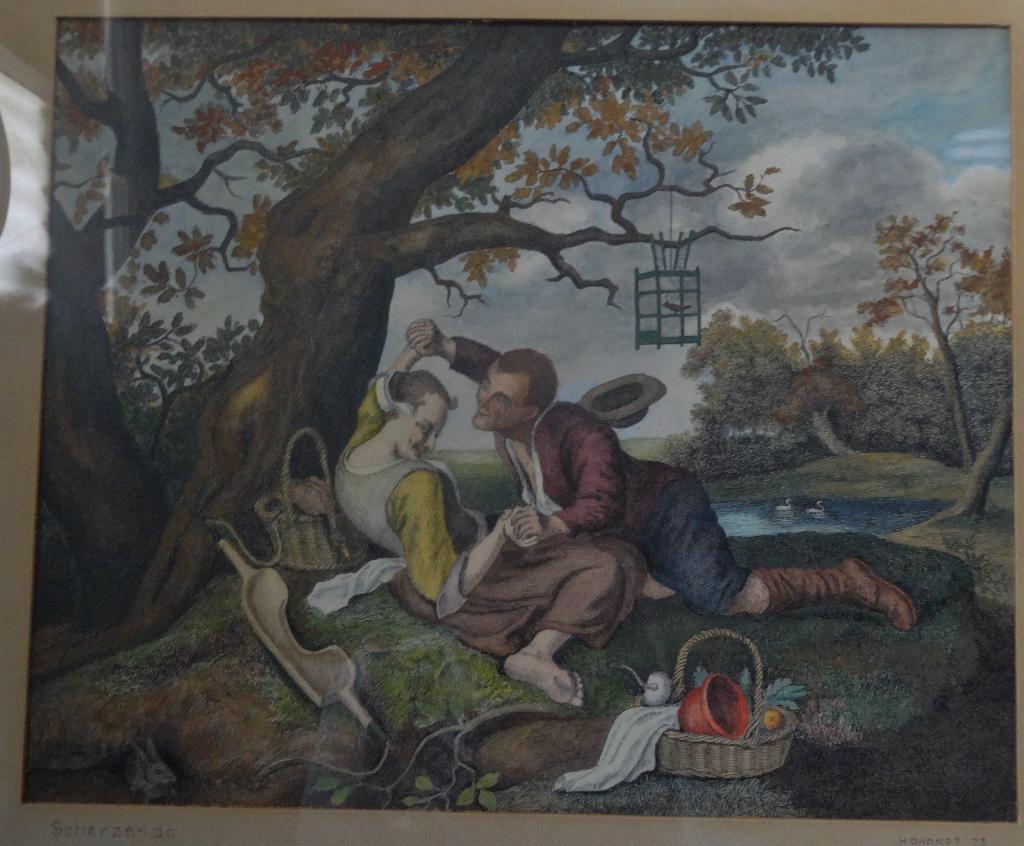 ONDEUGENDE INGEKLEURDE ETS * In lijst *, Antiek en Kunst, Ophalen of Verzenden, Dagelijks leven, Ets, Ingelijst