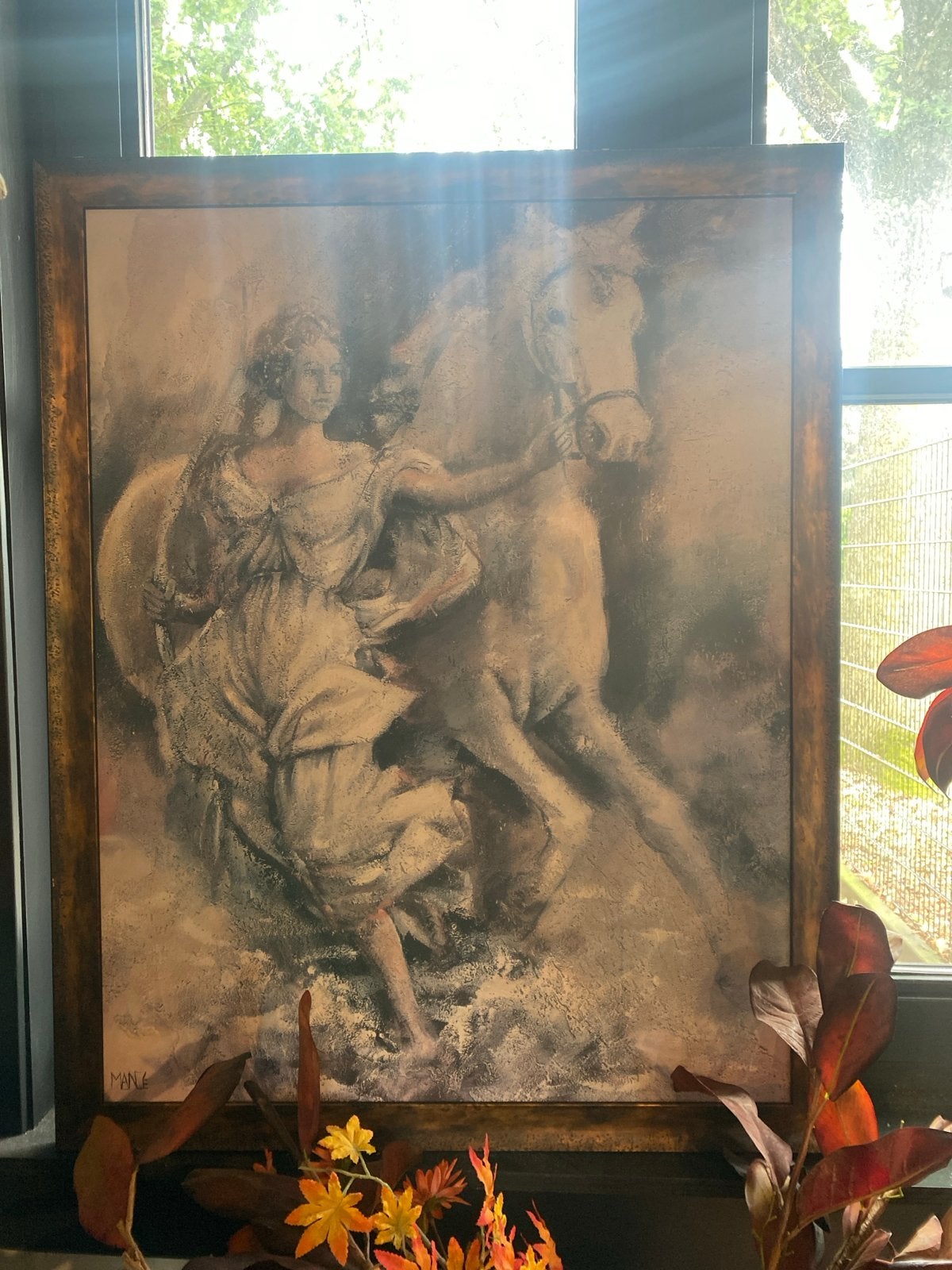 Prachtig groot schilderij met vrouw en paard, Ophalen