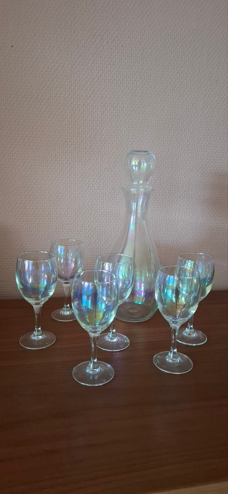 Vintage Regenboog Wijnglazen Set met Karaf, Antiek en Kunst, Antiek | Glas en Kristal, Ophalen of Verzenden